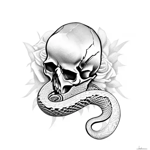 Skull, snake and roses tattoo design idea