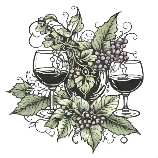 I want a tattoo with three glasses of wine, that has a leaf, some glasses and a thread tattoo design idea