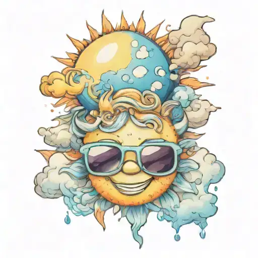 smiling sun wearing sunglasses with friendly cloud friend  tattoo design idea