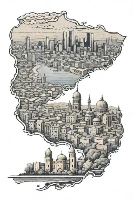 Create a detailed tattoo of the Tabriz city skyline with your family members standing in front of it, representing your love for your hometown and family tattoo design idea