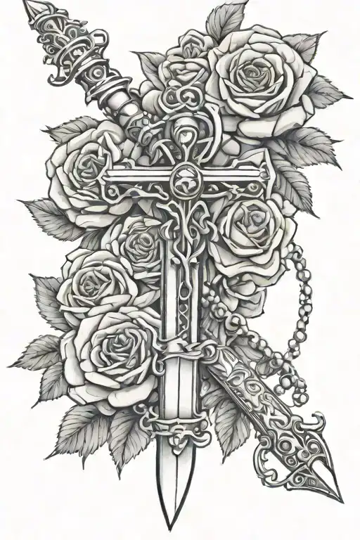 Dagger with rosary beads wrapping and roses intertwined tattoo design idea