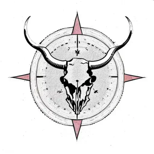 longhorn skull with a compass and tree background tattoo design idea