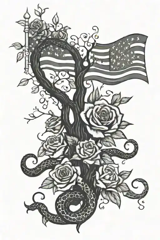 Roses. snakes. american flag. tree of life tattoo design idea