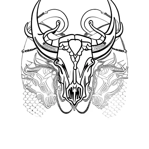 A bull skull adorned with motorcycle gears and chains tattoo design idea