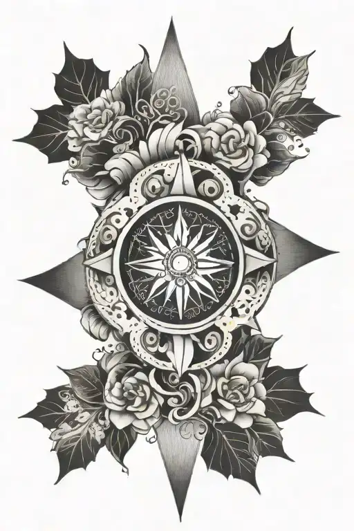 A compass rose tattoo with traditional Korean patterns in the background, symbolizing the client's love for both travel and Korean culture tattoo design idea