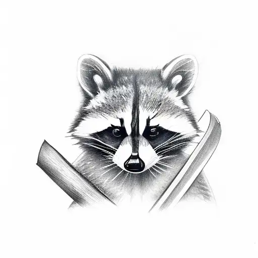 2 realistic matching raccoon tattoo one holding an axe and the other holding a fish tattoo design idea