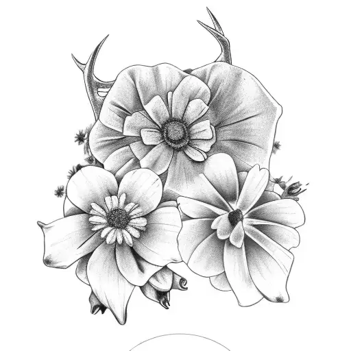two whitetail deer antlers with a rose, marigold, morning glory and daisy tattoo design idea