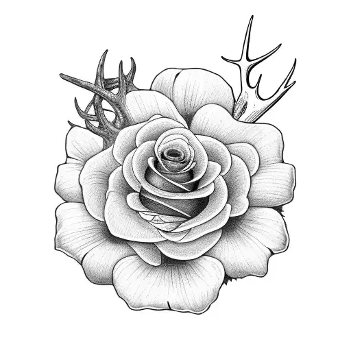 whitetail deer antler with a rose, marigold, morning glory and daisy tattoo design idea