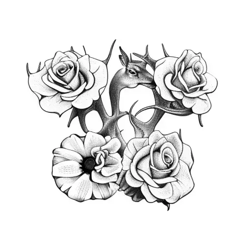two whitetail deer antlers with a rose, marigold, morning glory and daisy tattoo design idea