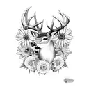 two whitetail deer antlers with a rose, marigold, morning glory and daisy tattoo design idea