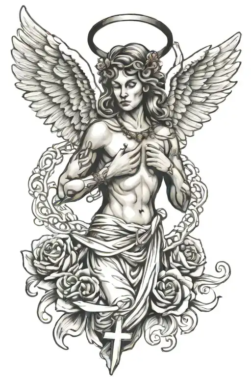 flying angel wearing a necklace and cross tattoo design idea