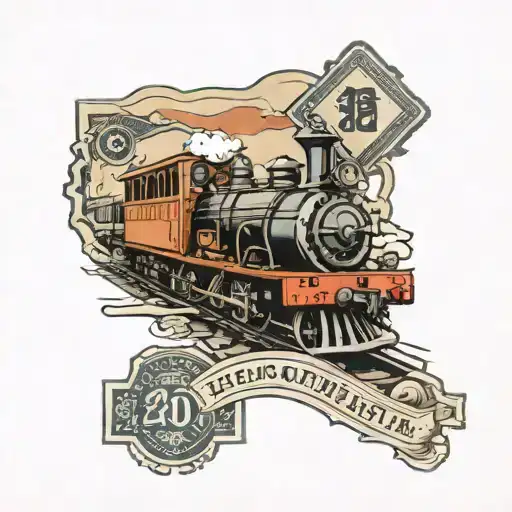 postage stamp with a train and street sign. tattoo design idea