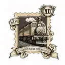 postage stamp with a train and street sign. tattoo design idea