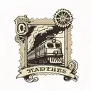 postage stamp with a train and street sign. tattoo design idea