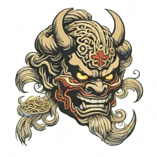oni mask with ramen noodles tattoo design idea