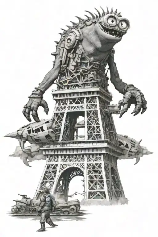 minion stands on the eiffel tower like godzilla and plays with the plane tattoo design idea