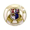 Mixing the Barcelona team logo half with the Real Madrid team logo half in one logo in a consistent artistic way and mix tattoo design idea