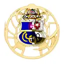 Mixing the Barcelona team logo half with the Real Madrid team logo half in one logo in a consistent artistic way and mix tattoo design idea