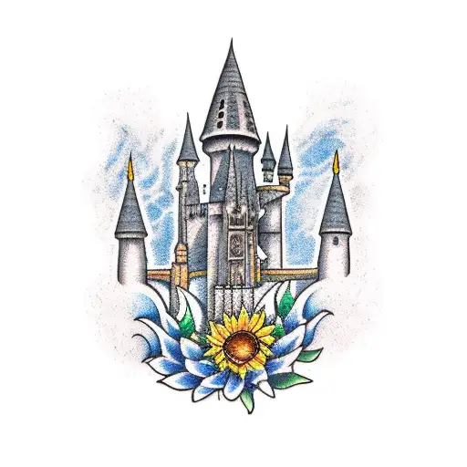 Traditional style tattoo featuring the Hogwarts castle and a sunflower tattoo design idea