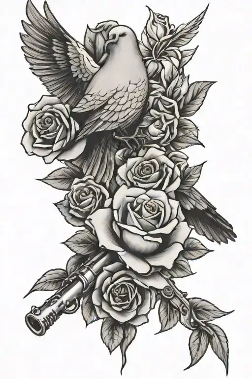 rose and gun and dove  tattoo design idea