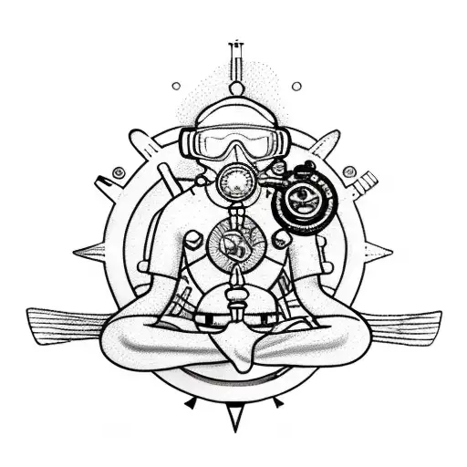 scuba diver meditating with a compass behind tattoo design idea