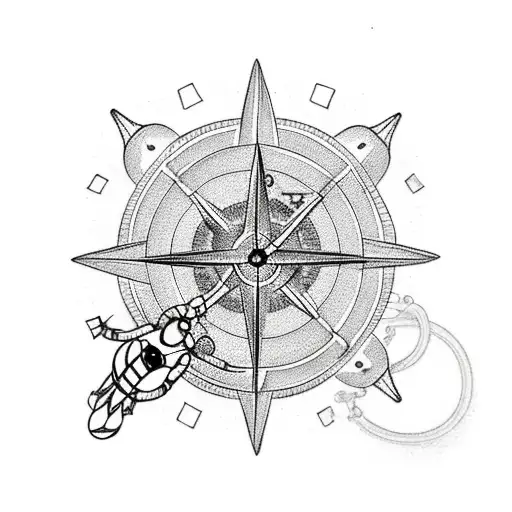 scuba diver meditating with a compass behind tattoo design idea