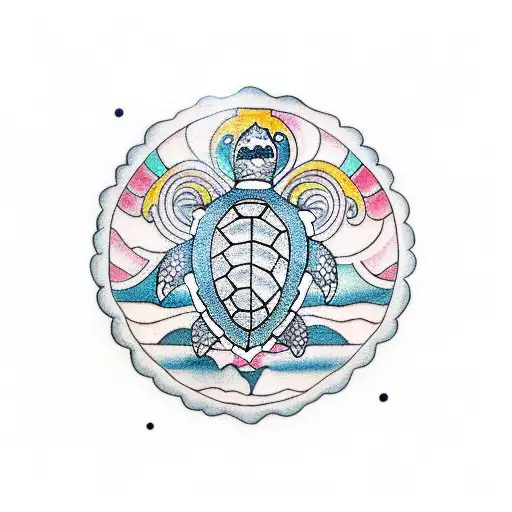 A traditional style tattoo of a sea turtle surrounded by symbols representing different yoga poses tattoo design idea