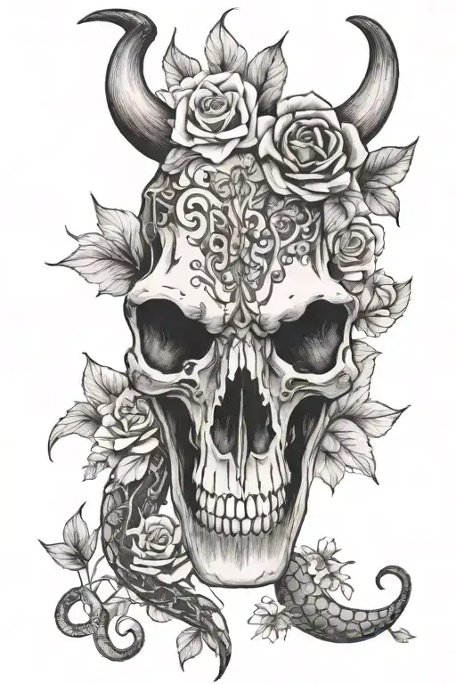 cow skull floral with snake tattoo design idea