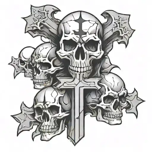 stacked cracked skulls in shape of cross tattoo design idea