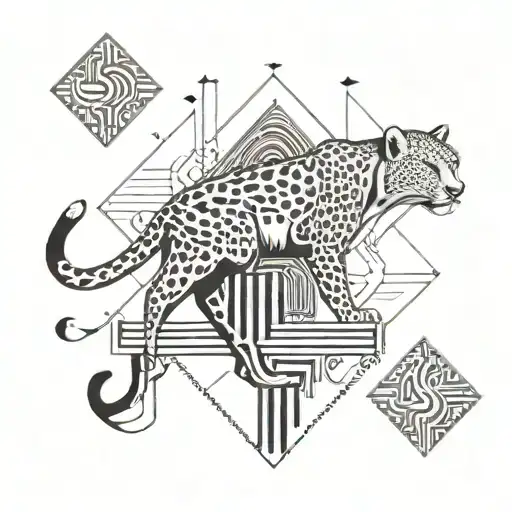Draw me the symmetrical tattoo of a cheetah face with geometric patterns and musical notes and a piano on a human leg. T tattoo design idea