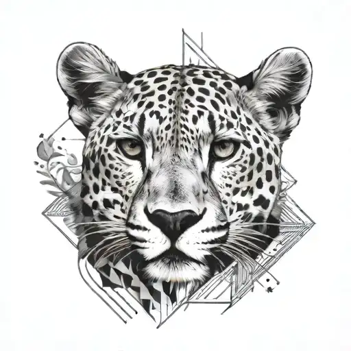 Draw me the symmetrical tattoo of a cheetah face with geometric patterns and musical notes and a piano on a human leg. T tattoo design idea