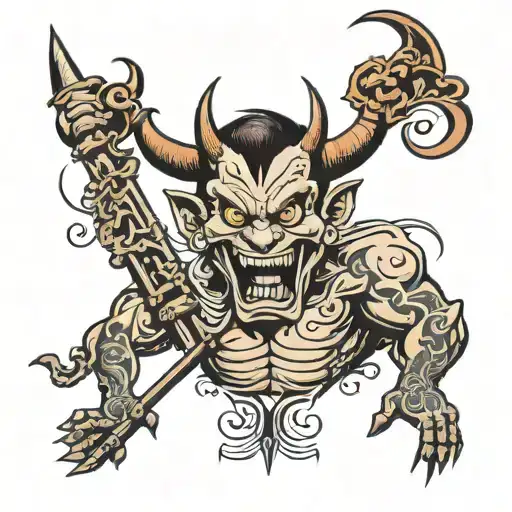 A traditional style tattoo of a sexy devil holding a pitchfork and winking tattoo design idea