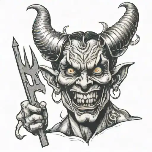 A traditional style tattoo of a sexy devil holding a pitchfork and winking tattoo design idea