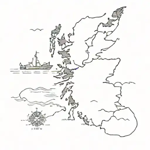 A detailed map of Scotland with a Viking longship sailing towards it tattoo design idea