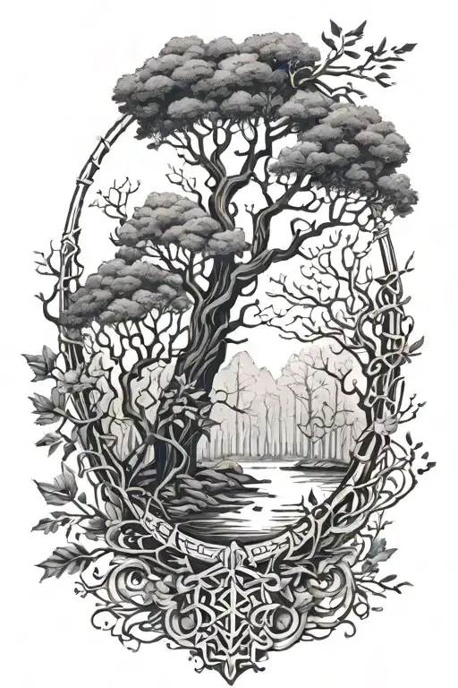 A tattoo design featuring a mystical forest with hidden symbols from historical texts intertwined within the trees and foliage tattoo design idea