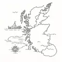 A detailed map of Scotland with a Viking longship sailing towards it tattoo design idea