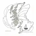 A detailed map of Scotland with a Viking longship sailing towards it tattoo design idea