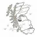 A detailed map of Scotland with a Viking longship sailing towards it tattoo design idea