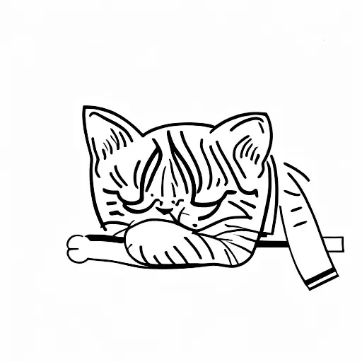 sleeping, black and white cat with a small white pink bow on his head tattoo design idea