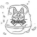 sleeping, black and white cat with a small white pink bow on his head tattoo design idea