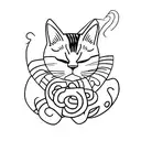 sleeping, black and white cat with a small white pink bow on his head tattoo design idea