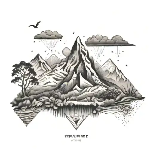 An abstract interpretation of South America's diverse landscapes, with a focus on Colombia's lush jungles and Andean mountain ranges, using dotwork style for a textured effect tattoo design idea