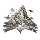 An abstract interpretation of South America's diverse landscapes, with a focus on Colombia's lush jungles and Andean mountain ranges, using dotwork style for a textured effect tattoo design idea