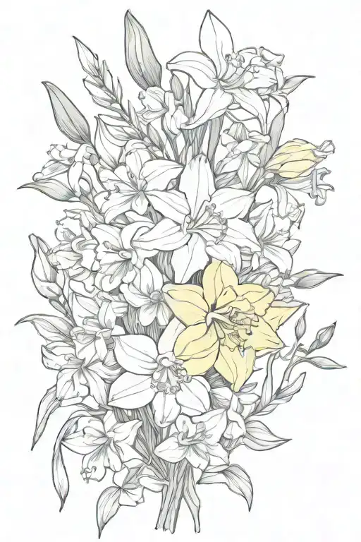honeysuckle, narcissus, primrose, sweetpea, gladiolus, daffodils bouquet, tattoo design idea