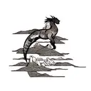 A blackwork tattoo of a dragon flying over a traditional Japanese landscape, symbolizing your fascination with Japanese culture and mythology. tattoo design idea