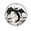 A blackwork tattoo of a dragon flying over a traditional Japanese landscape, symbolizing your fascination with Japanese culture and mythology. tattoo design idea
