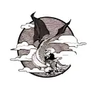 A blackwork tattoo of a dragon flying over a traditional Japanese landscape, symbolizing your fascination with Japanese culture and mythology. tattoo design idea