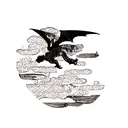 A blackwork tattoo of a dragon flying over a traditional Japanese landscape, symbolizing your fascination with Japanese culture and mythology. tattoo design idea