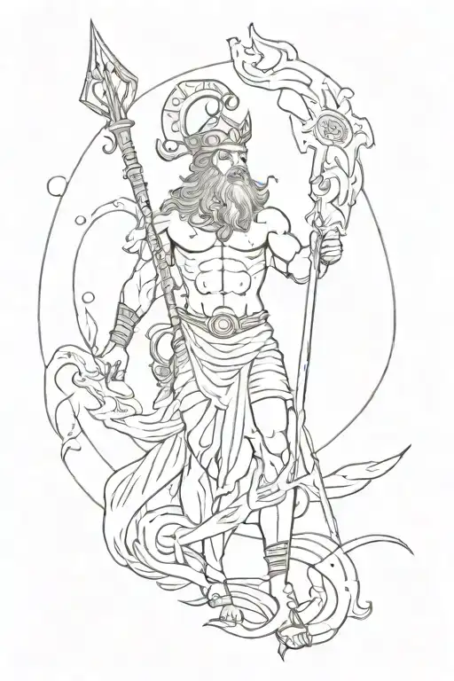 A minimalist line work design of Poseidon holding a trident tattoo design idea