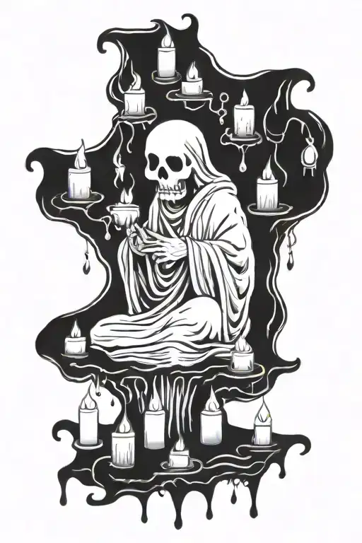 floating body under sheet ghost surrounded by candles tattoo design idea